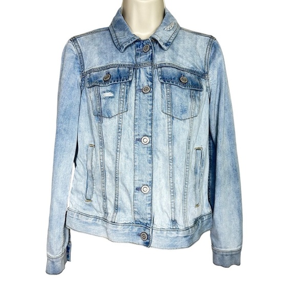 LC Lauren Conrad Love & Kindness Embroidered Distressed Denim Jacket Size XS - Picture 1 of 8